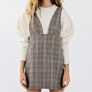 Zara Metallic Plaid Pinafore Jumper Mini Dress Academia